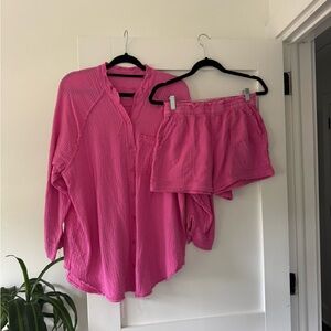 Pink Button-Up Shirt and Shorts Set